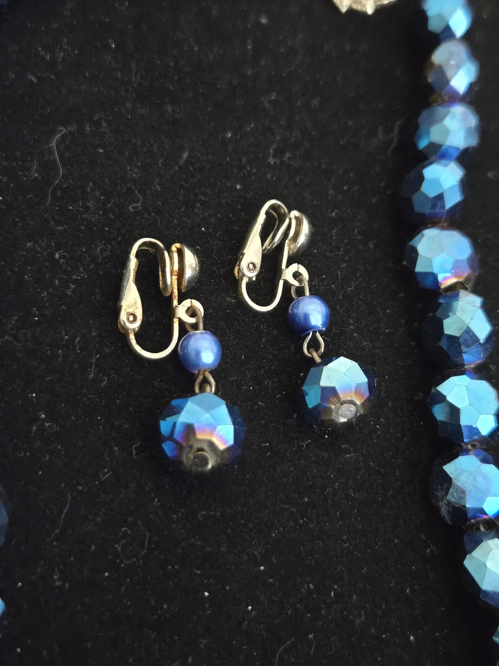 Blue Faceted Mid Century  AB Crystal Necklace and Clip-On Earrings Set